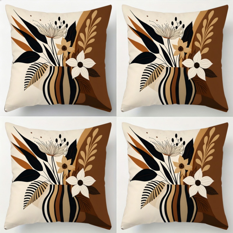 TEMU 4pcs Pillowcase Set, - Style Pillow Covers/cushion Covers, Abstract Vase Floral Pattern Decorative Pillowcases, Artistic Retro Theme, Beige