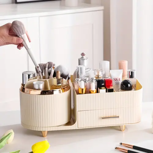 1pc pvc cosmetic organizer with 360 degree rotating brush holder large capacity countertop makeup storage with drawers unisex adult skincare display case for vanity no