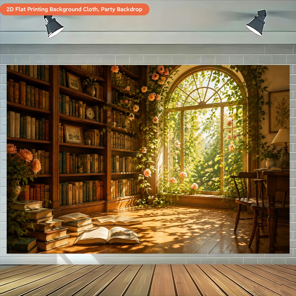 2D Flat Printing Backdrop Banner, Bookshelf Bathed in Warm Light
