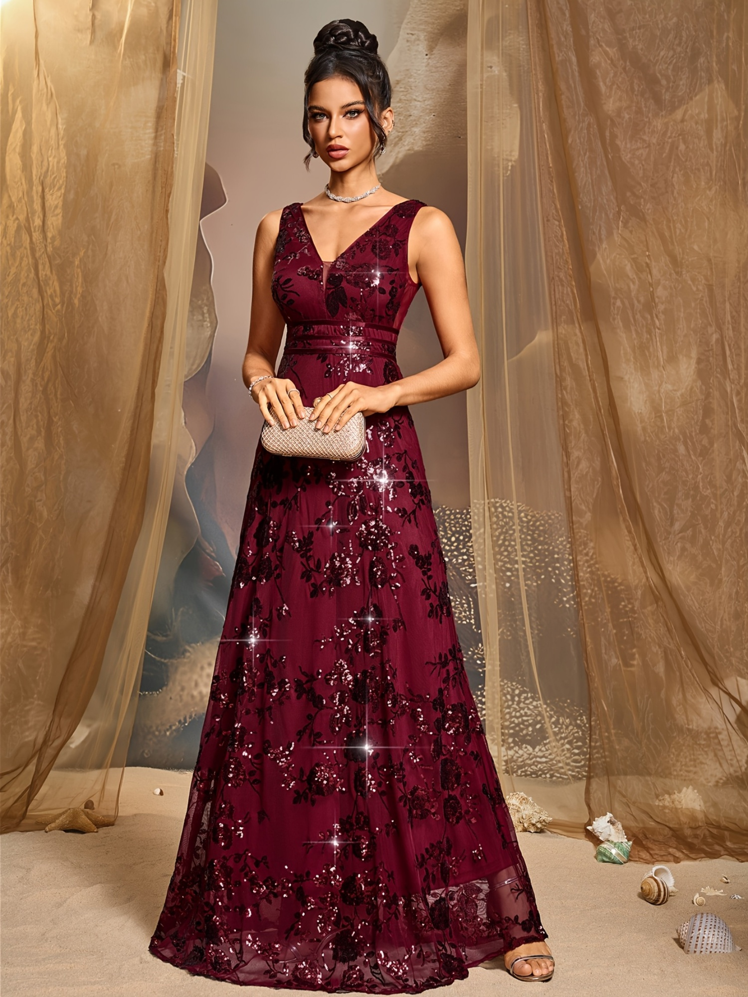 strapless open back dress A Line V Neck Burgundy Beaded Prom Dresses, Wine Red V Neck Tulle Form –  jbydress main image 1