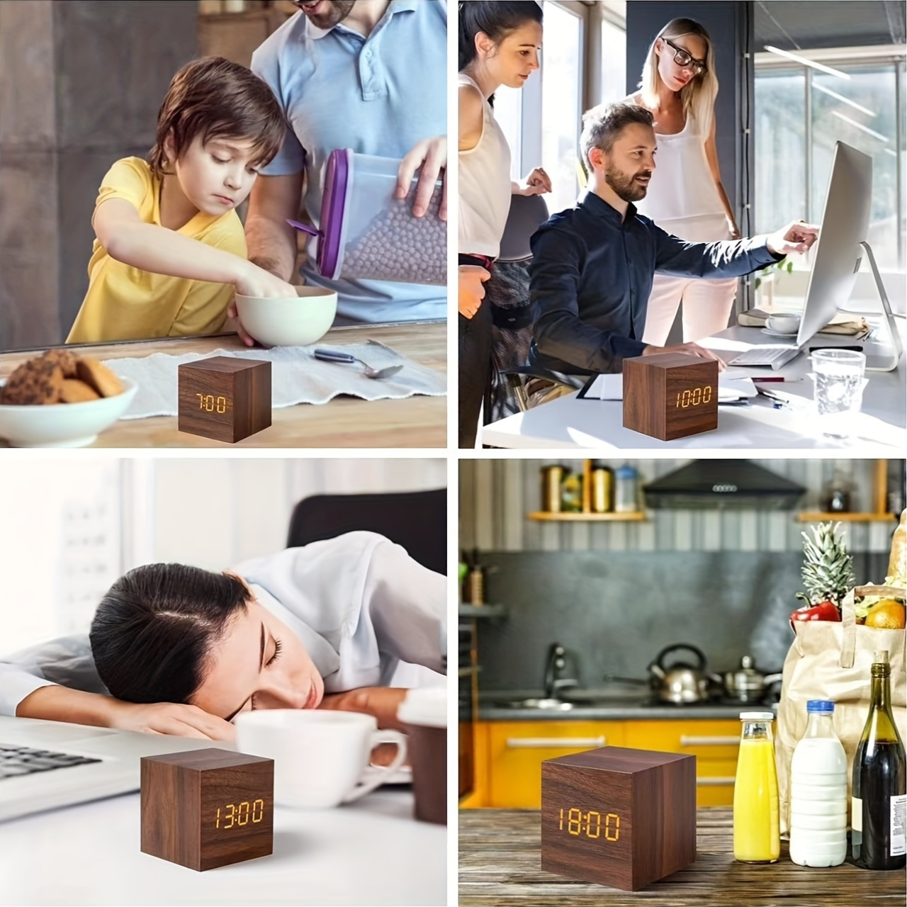 Mini Cube Wooden Alarm Clock with LED Display - Voice Controlled, Auto Dimmable with 3 Brightness Levels, Displays Time/Date/Temperature, Ideal for Home, Office, Travel, Rectangle Shape, USB Powered