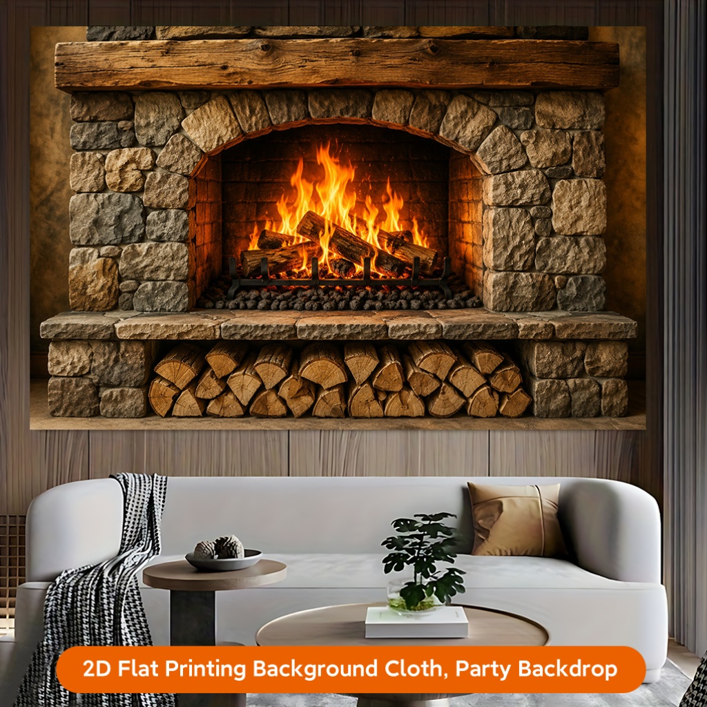 Fireplace Burning Wood Warmth Polyester Backdrop