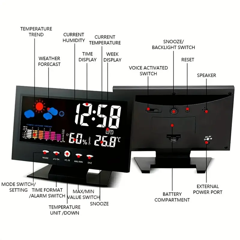 digital weather alarm clock voice control backlight temperature humidity calendar display glass material time weather forecast desk clock with color screen model 8028t 11 5cm x 15 5cm details 6
