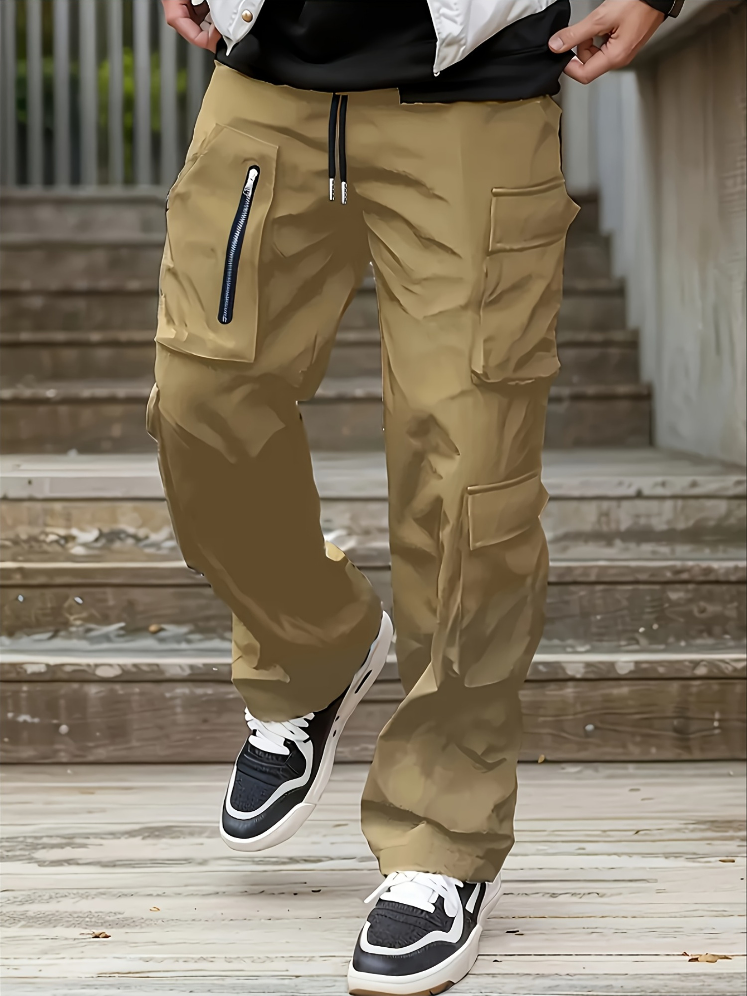 mens casual cargo pants with multiple zippered pockets loose fit elastic waistband black     outdoor activities   attire relaxed fit pants functional pockets