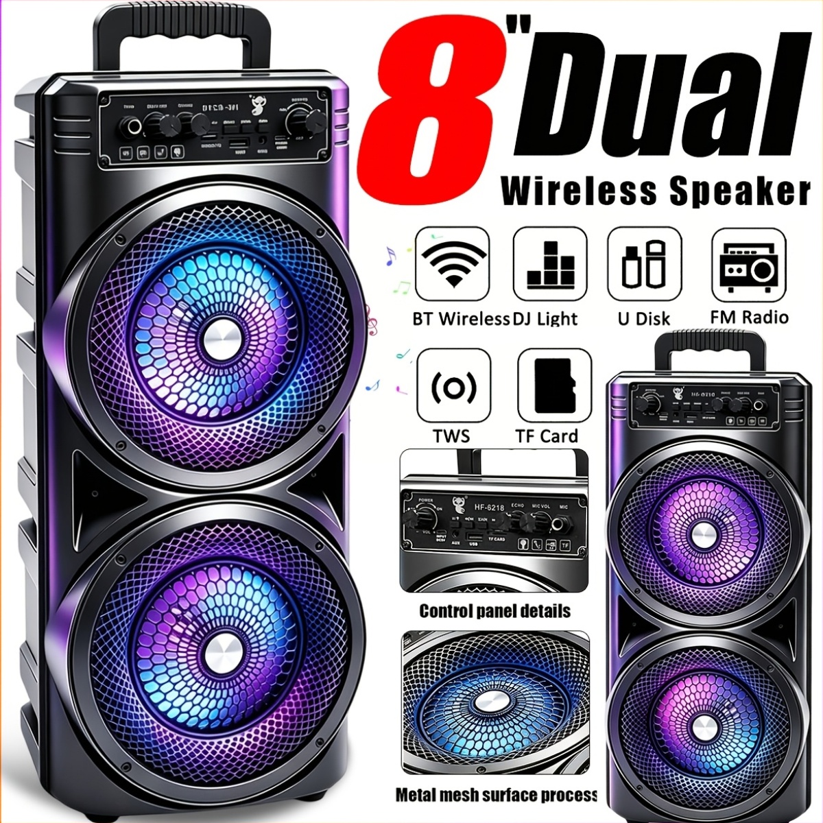 TEMU Large Wireless Speaker With Microphone - Portable Design, Subwoofer Party Box For - Led Light | Compatible With Bt/usb/tf/aux/fm/tws/mic/eq