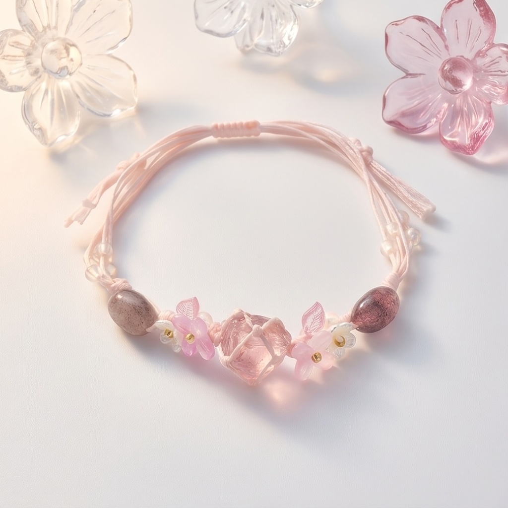 Handmade Adjustable Rose Quartz & Strawberry Quartz Bracelet, Floral Design