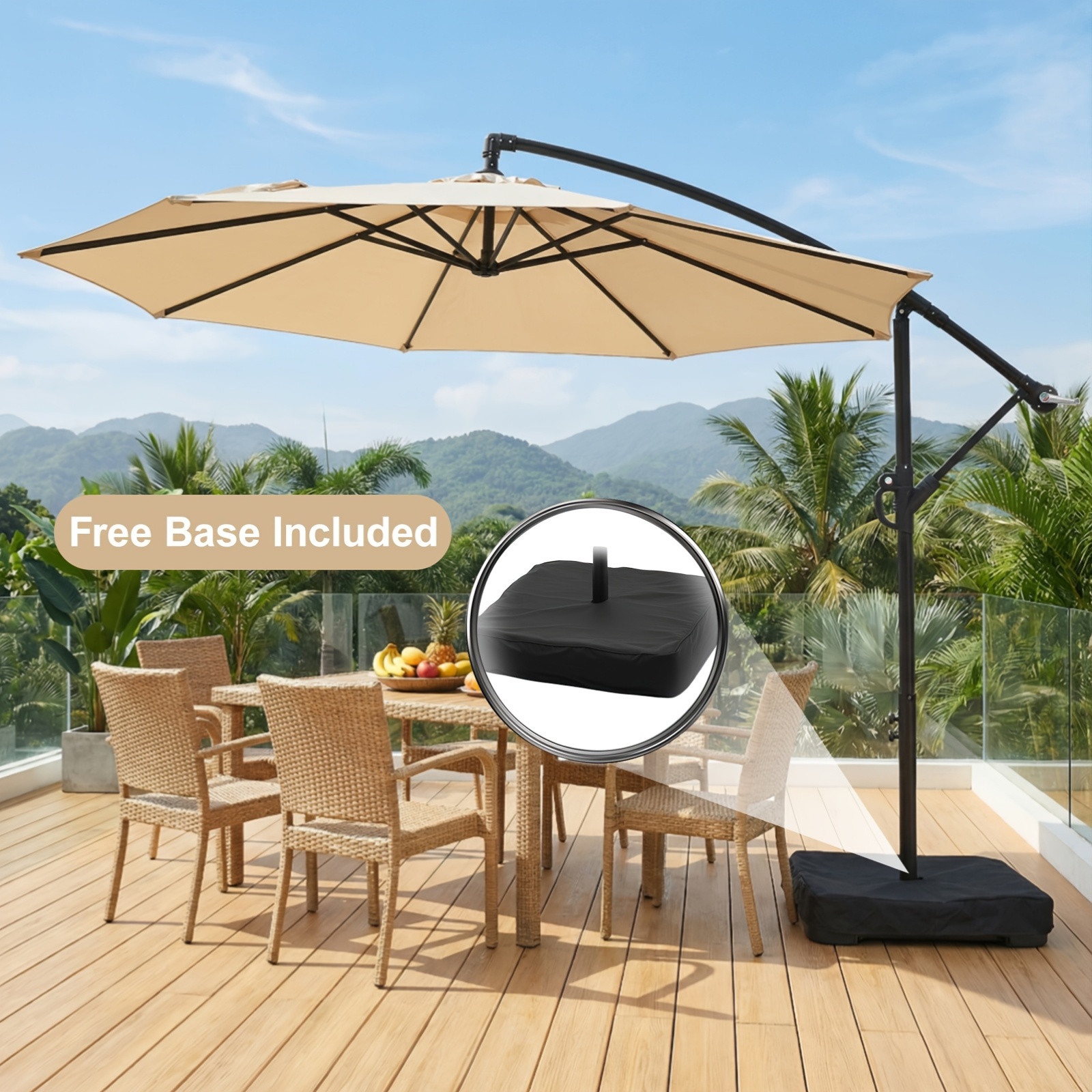 10   patio offset umbrella with base cantilever hanging market umbrella for outdoor use featuring a crank and cross bases suitable for patio and outdoor furniture   push button tilt   christmas and halloween