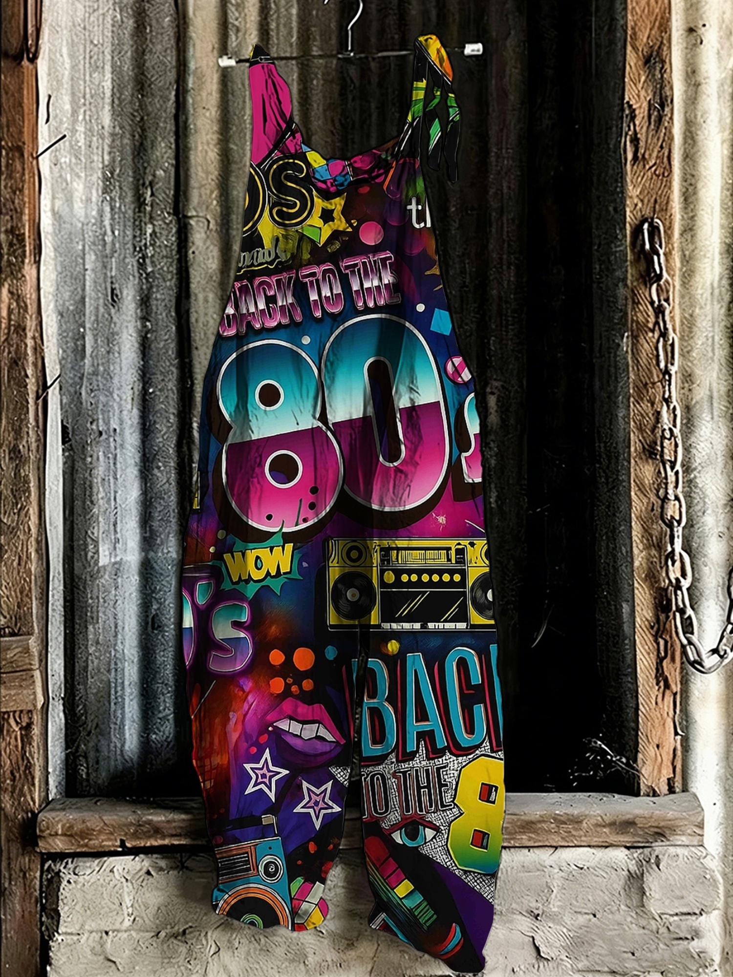 womens 80s retro suspender jumpsuit full back print wide leg sleeveless jumpsuit suitable for summer beachwear themed parties and everyday wear non machine washable