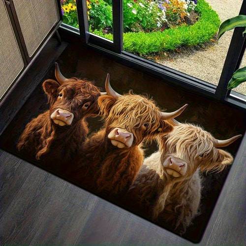 1pc farmhouse chic highland cow print doormat non slip thick sponge machine washable absorbent mat for indoor outdoor use home garden entrances decorative mat cow deco