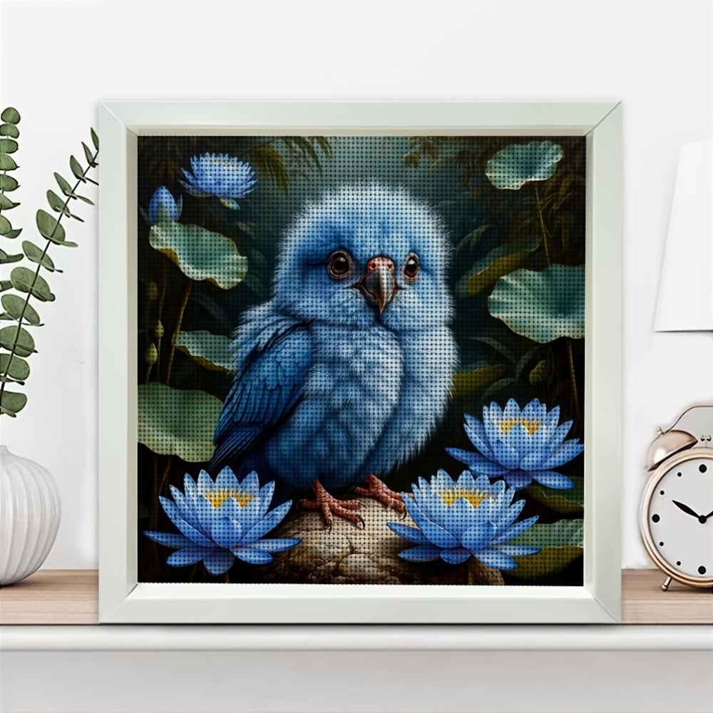 Frameless Cross-Stitch Printed Kit 'Bluebird Standing on Lotus Stone'