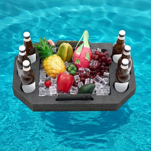 1pc large floating beverage rack black floating tea table tray compartment portable floating pool tray suitable for swimming pool additions hot tubs and personal decoration integrated octagonal six hole design