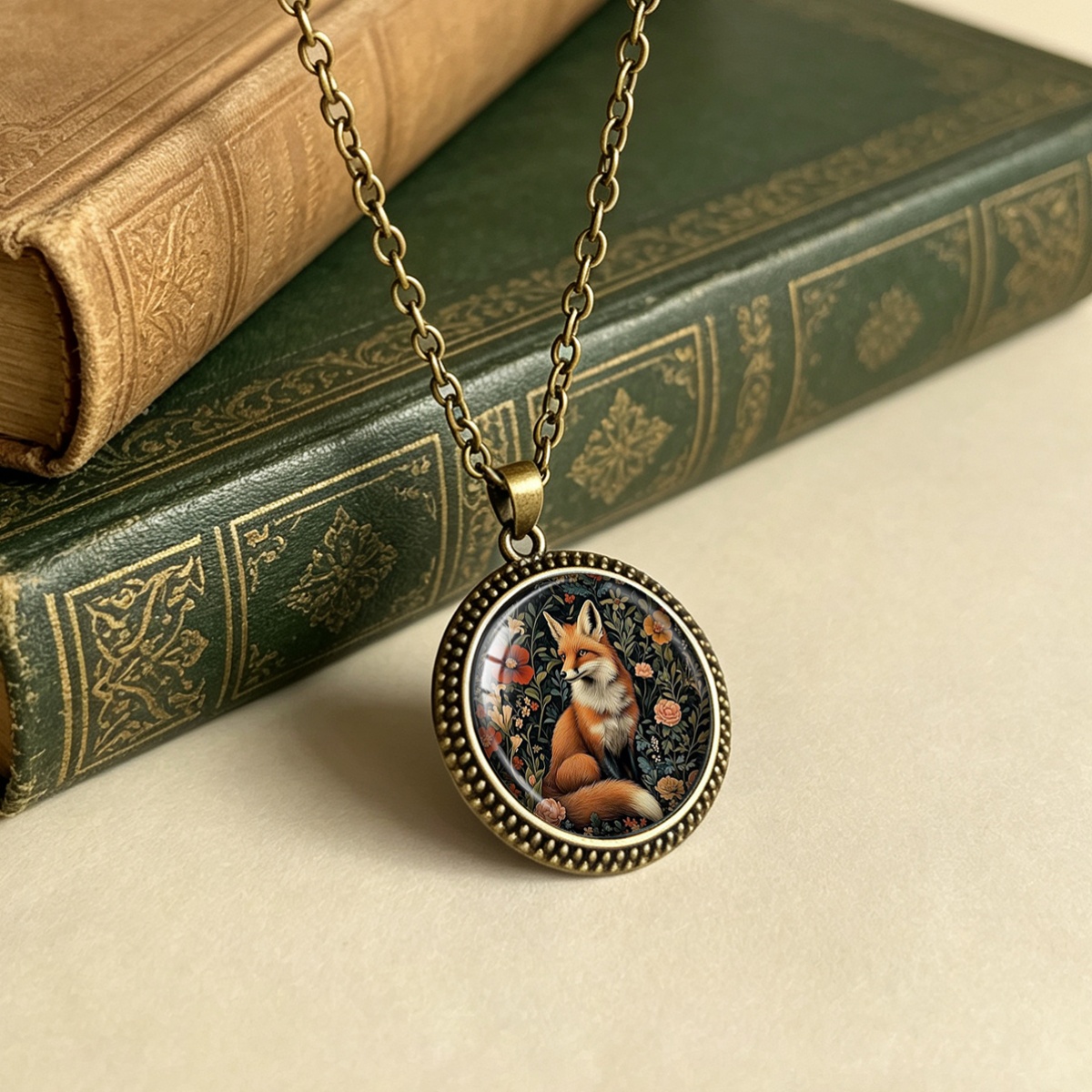 Floral Red Fox Print Pendant Necklace