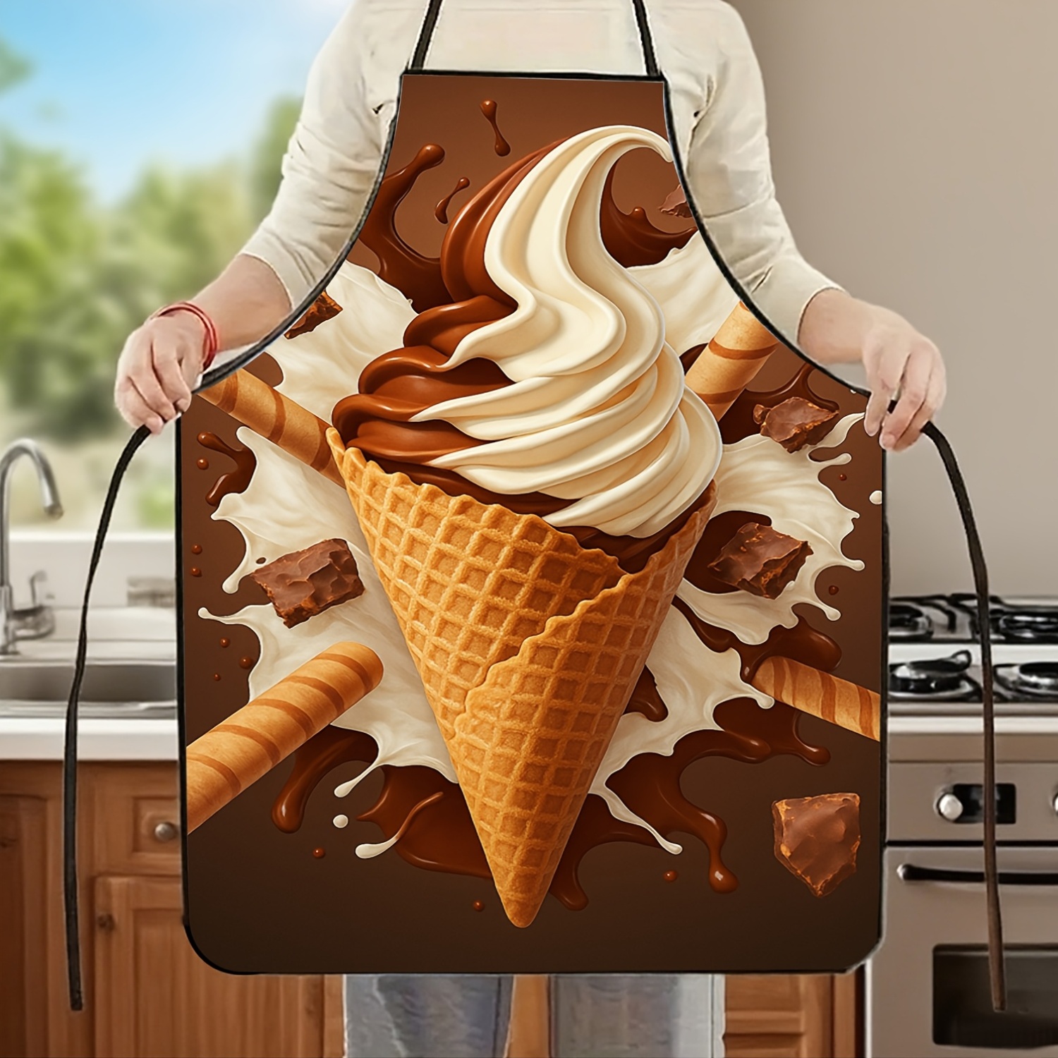 TEMU 1pc Apron With Swivel Bib - Durable Polyester Kitchen Apron Suitable For Baking, Cooking, Chocolate Making, Ice Cream Cone Design Gift For
