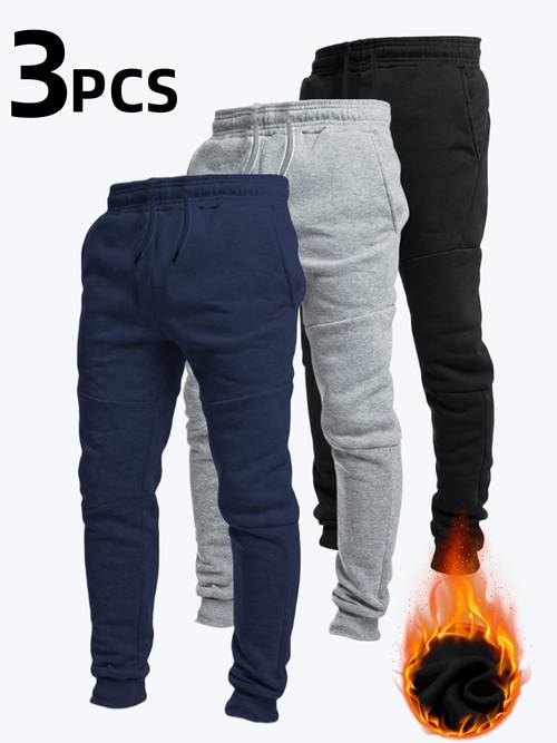 3pcs mens casual jogging pants solid drawstring waistband pockets knit fabric outdoor activities regular length regular fit breathable polyester machine washable