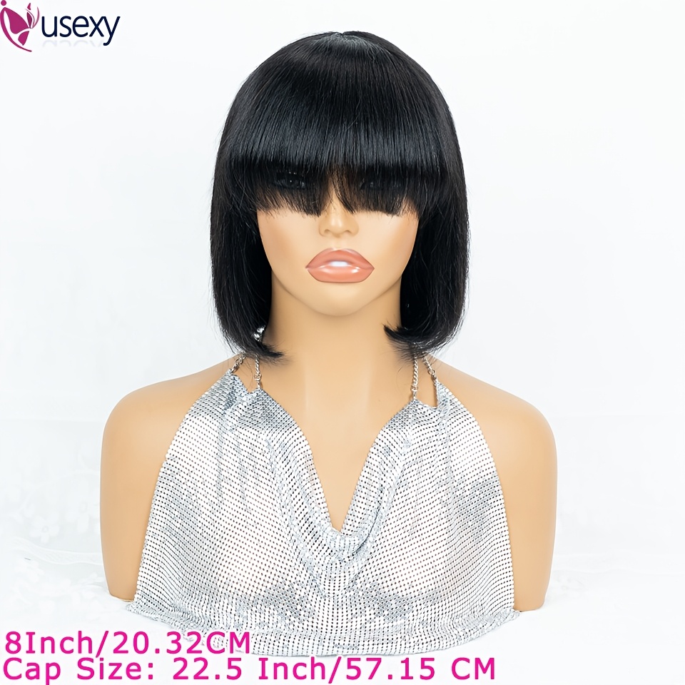 TEMU Straight Short Bob Wig With Bangs Human Hair Full Machine Made Bob Wigs Glueless Straight Wigs For Women