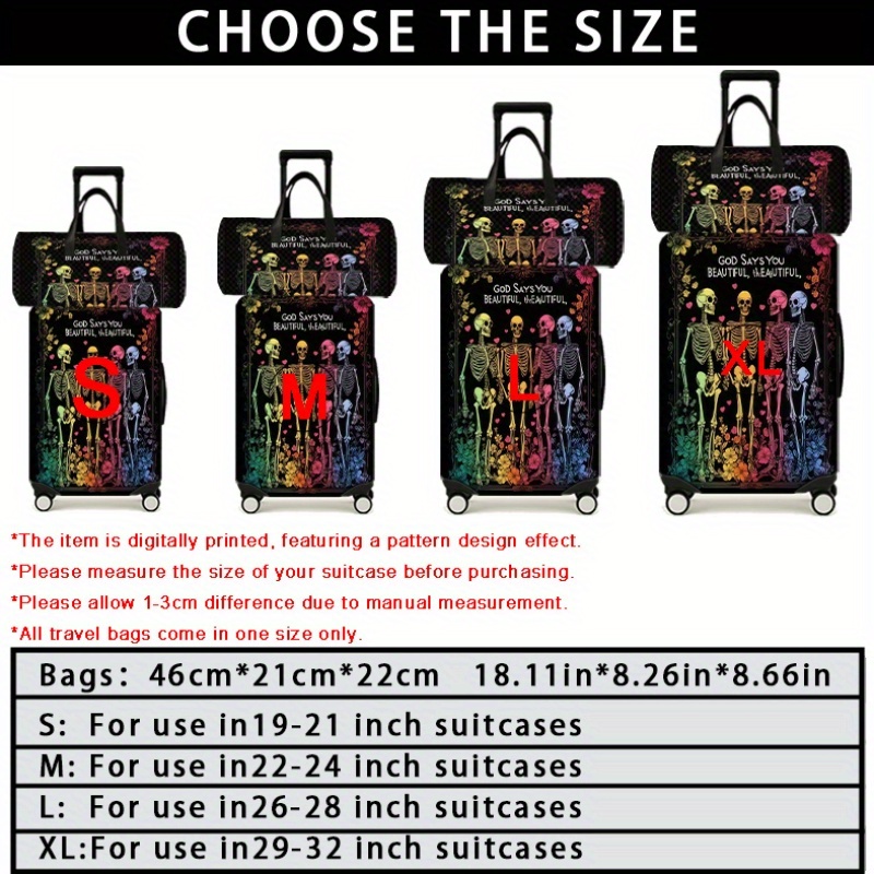 Colorful Skeleton & Flower Suitcase Set, Travel Bag & Luggage Protector