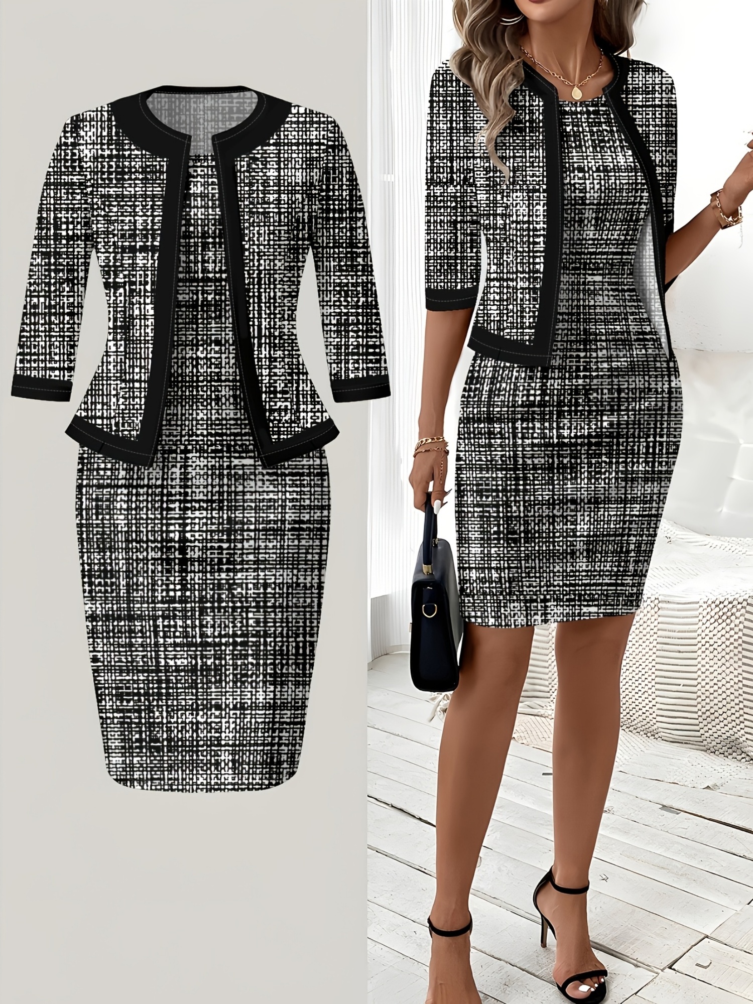 Elegant Dress Set Geometric Pattern Print Fashionable Vacation Outer Jacket Vest Maxi D...