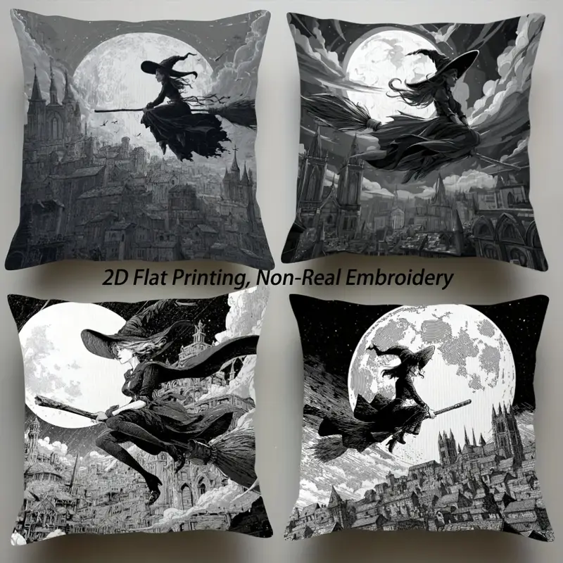 2d flat printing 4pcs witch and castle throw pillow covers autumn decorative accent cushion covers for non real embroidery double sided luxurious sofa room bedroom decoration without pillow inserts yh lcx67965 67968 for halloween Product details 1