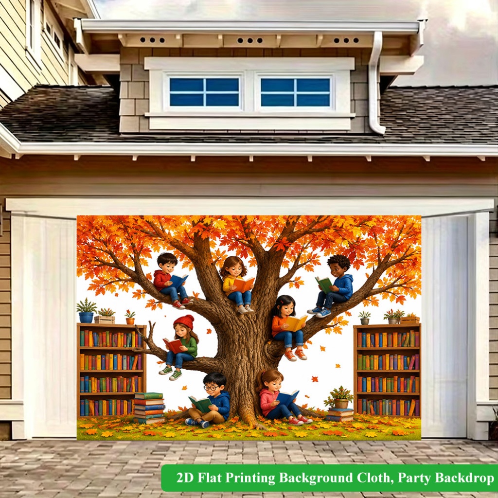 Children Reading Under Autumn Tree Background Banner