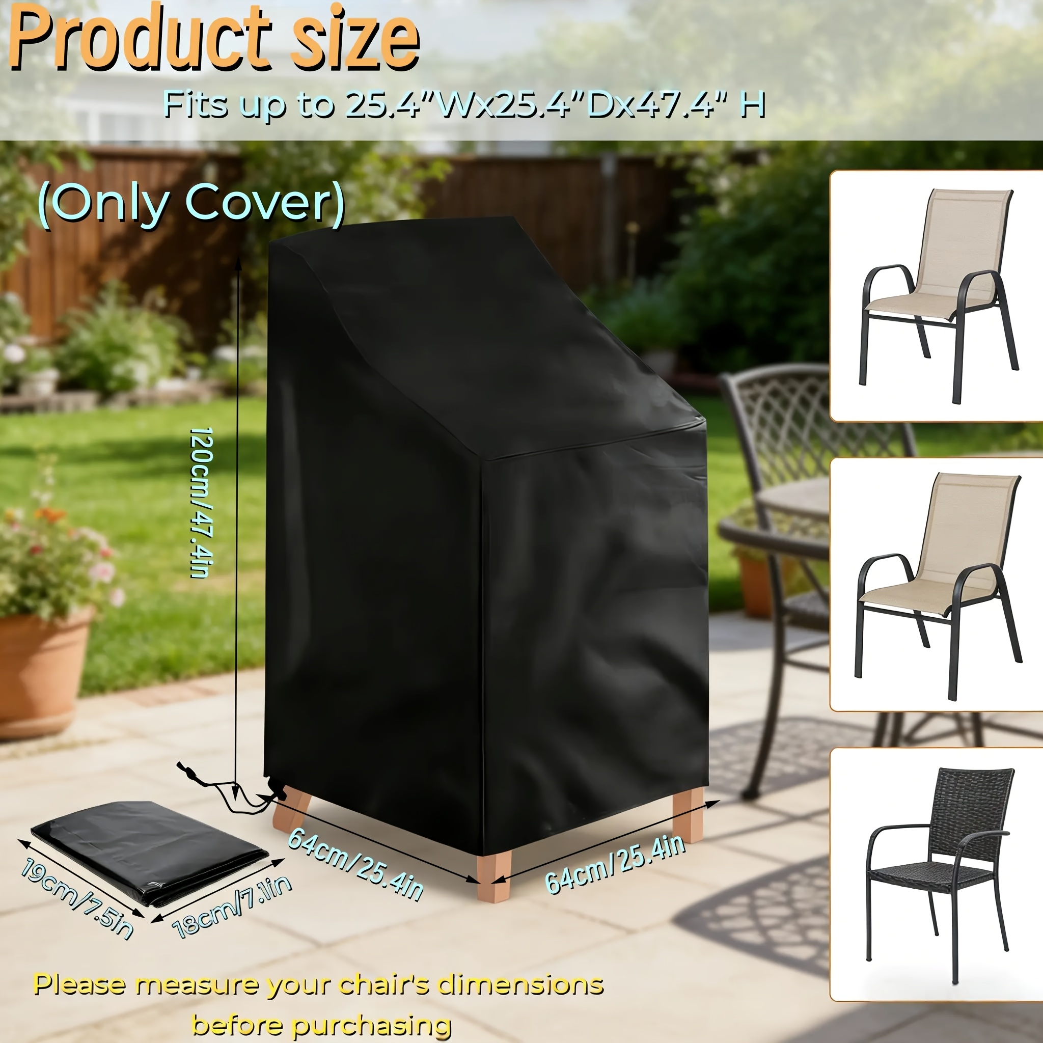 1pc Stacking Patio Chair Cover | Outdoor Furniture Cover With Adjustable Drawcord, Black, Polyester Fabric, Silvered Pu Coating