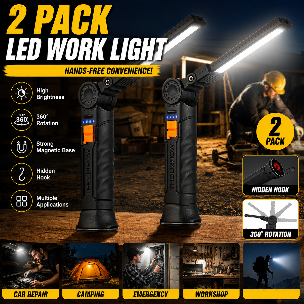 TEMU 2pcs Household Magnetic Base Led Work Lights, Usb Rechargeable Home Decoration Lights, Portable 360° Rotating Construction , 4 Lighting Modes,