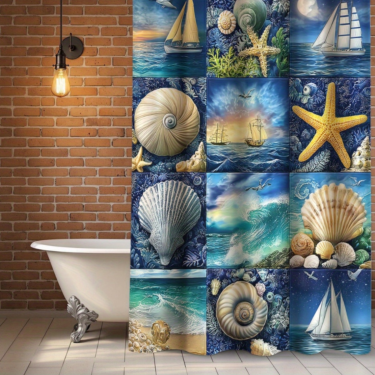 Seashells and Stars Pattern Shower Curtain Set, 4pcs