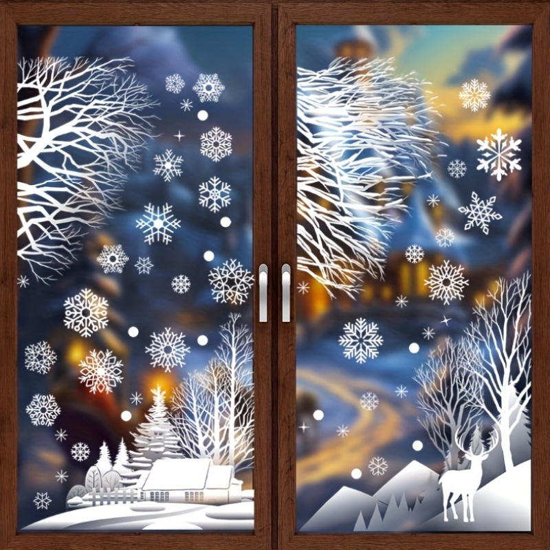 

56-piece Seasonal Static Window Clings Set – Winter Snow Scene And Snowflakes – Reusable Plastic Holiday Decorations For Christmas, Hanukkah, Thanksgiving, New Year – No Electricity Or Feathers