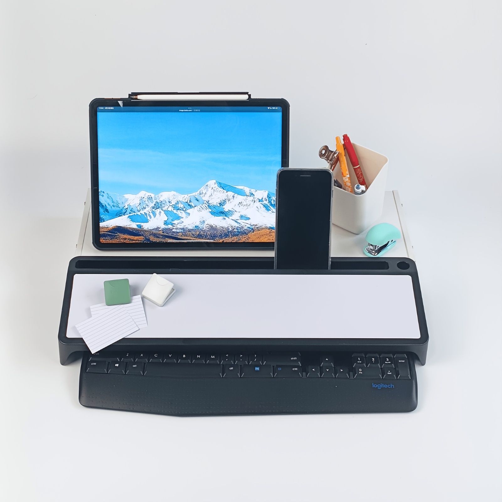 TEMU Effaçable Noir avec Rangement , Support Téléphone & Surface Inclinée, Fente Stylo & Trou Câble de Charge pour Bureau à Domicile