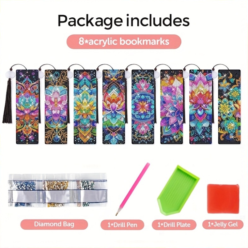 TEMU Lot de 8 marque-pages de peinture diamant 5D avec pompons, adaptés pour l'artisanat DIY, marque-pages en résine et strass avec ronds et pompons,