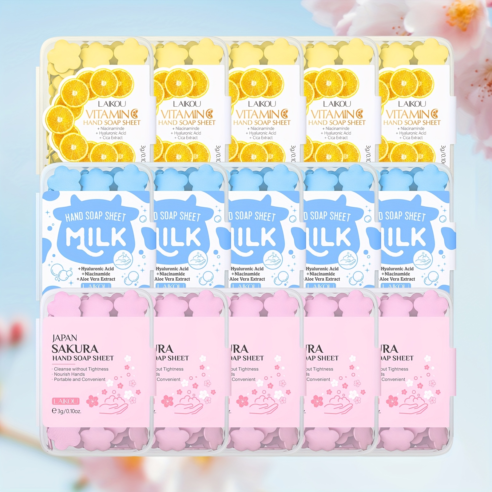 TEMU Set Of 15 Disposable Soap Paper Boxes, Featuring 5pcs Each Of Milk, Vitamin C, And Sakura Hand Wash Soap, Designed With A Gentle Formula, Perfect For Travel, Outdoor Activities, And Camping.