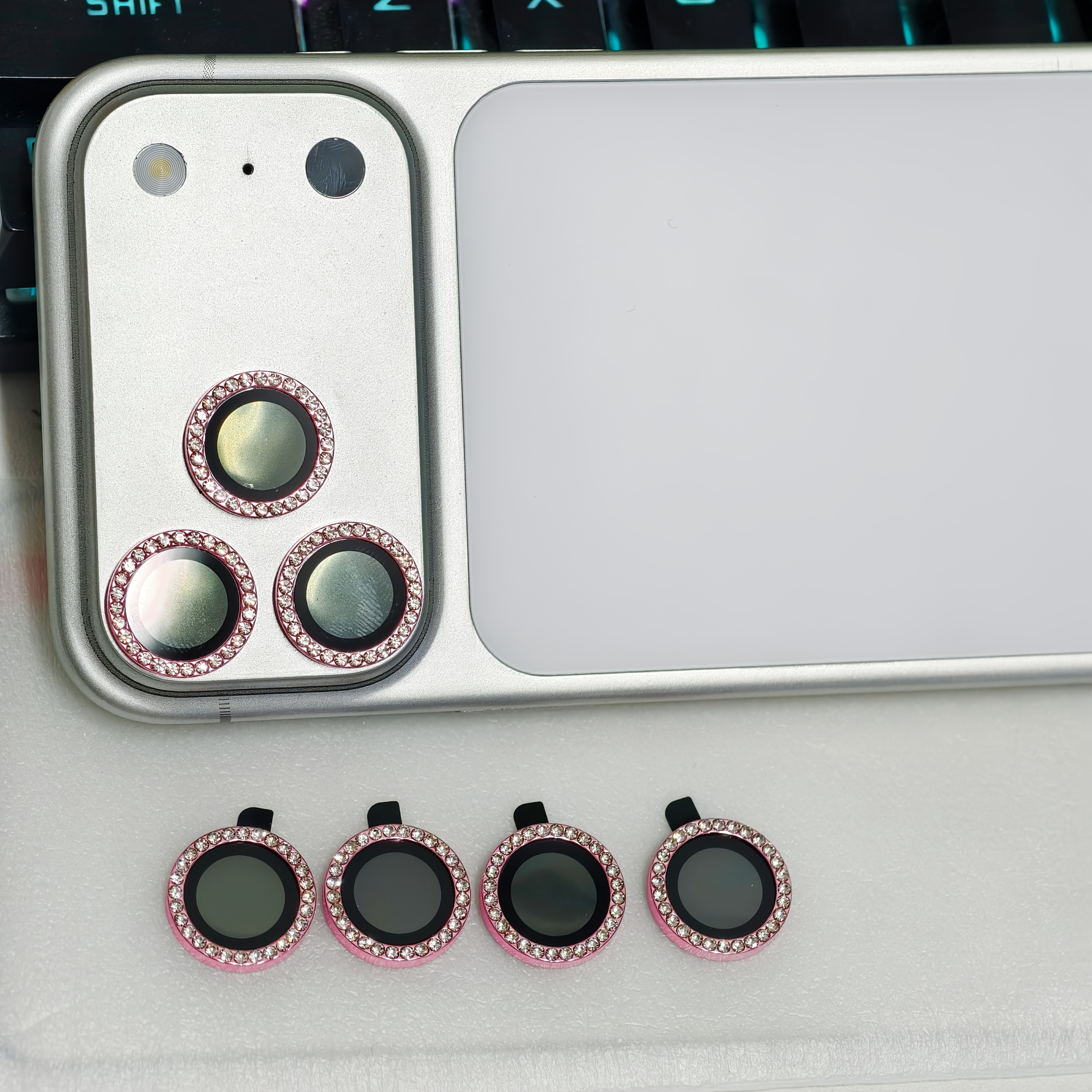 TEMU 4pcs Suitable For Iphone 18 Pro Max/17 Pro Max/16/15/14/13 Series And Other Models, Silvery, Pink Rhinestone Lens Protectors, Scratch And Drop