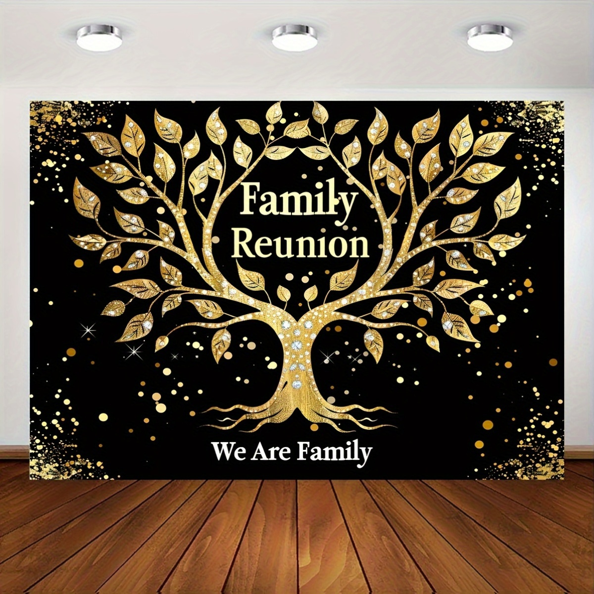 Family Reunion Backdrop Banner – Polyester Black and Gold Family Tree Party Decoration, Multipurpose Photo Background for Gatherings, Fall and Winter Holiday Events, No Electricity Needed – 1pc