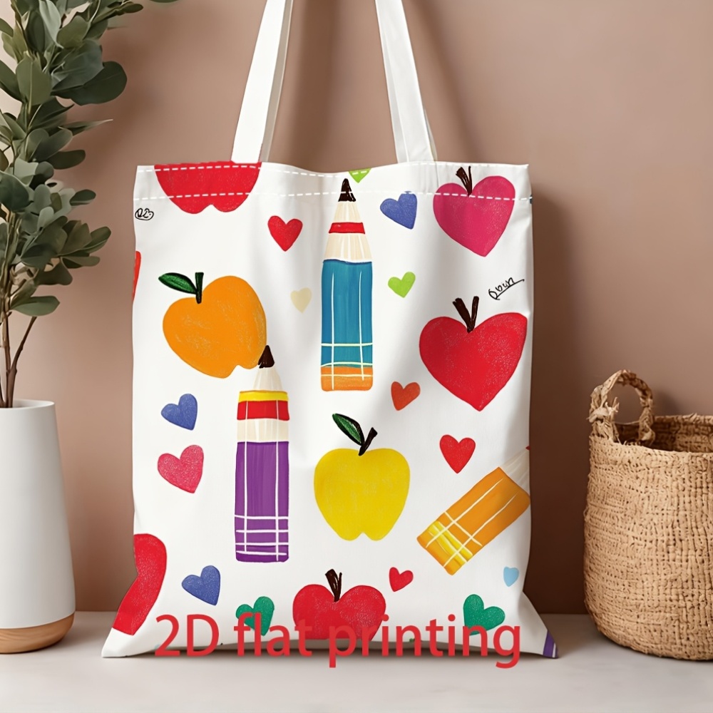 TEMU 1 sac durable, sac à main, sac à bandoulière pour hommes - Unisexe, impression 2D plate, motif de papeterie et coloré avec pomme et cœur, sac à