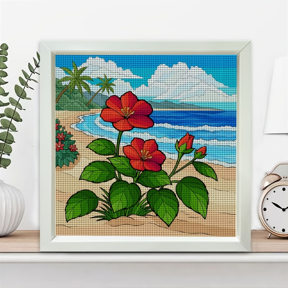 Frameless Cross Stitch Printed Kit, Beach Red Flower Landscape Design