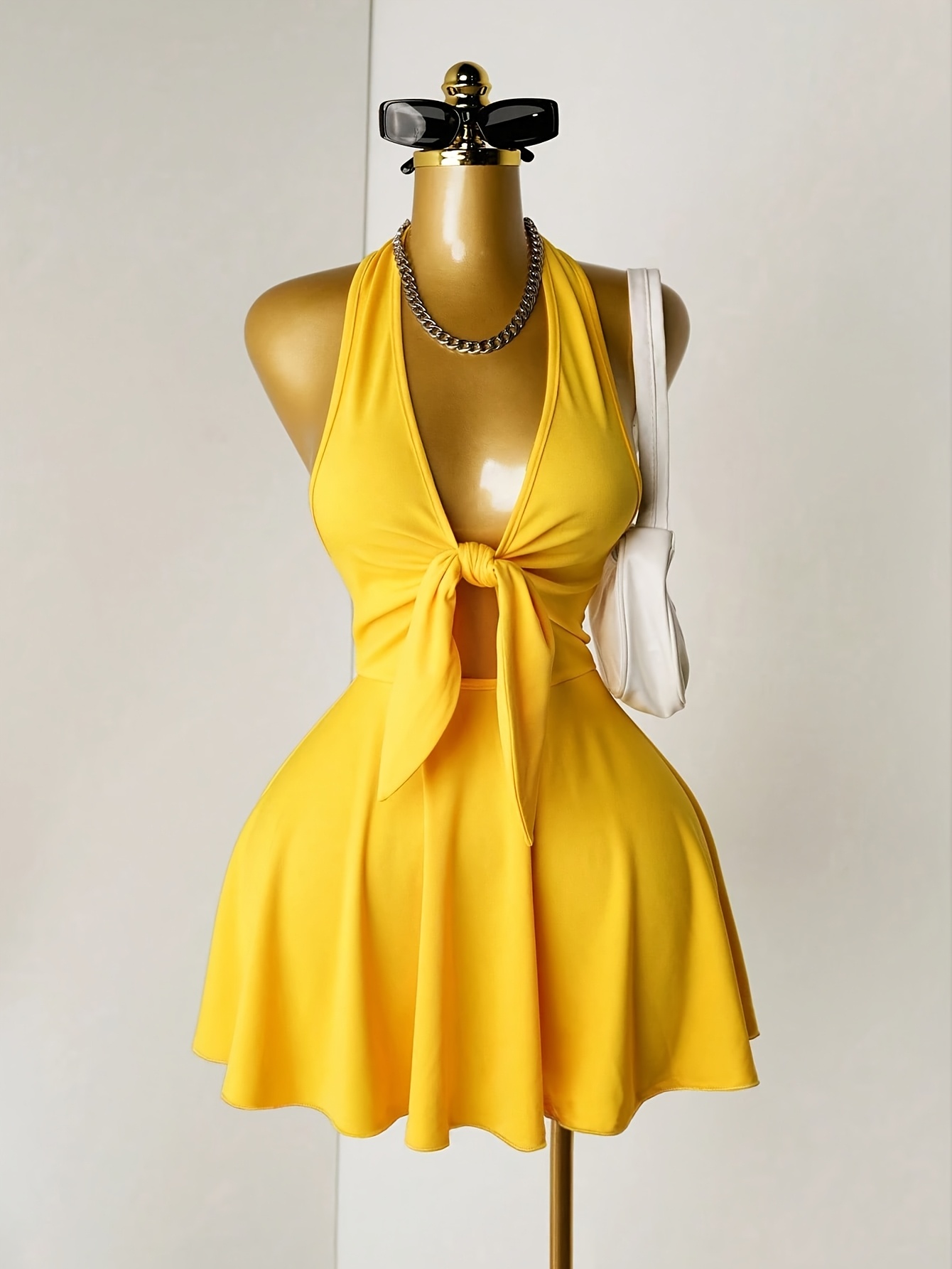 yellow halter neck v neck tie waist short dress solid - Temu Oman