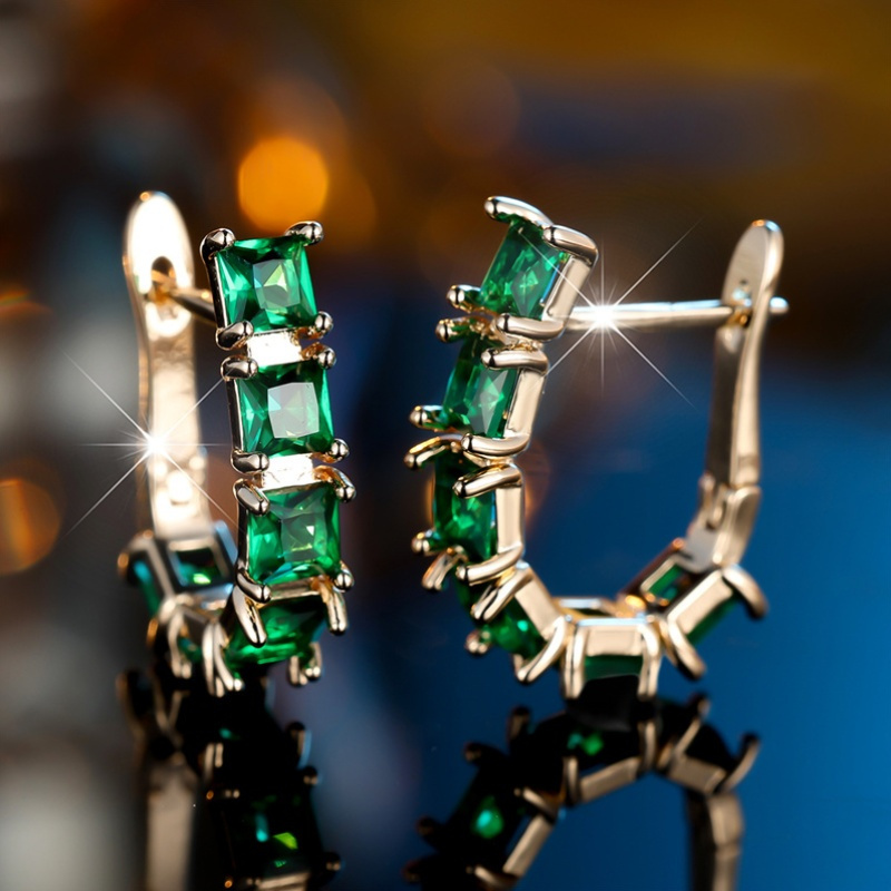 Green Zirconia U Earrings Golden Plated Wedding Accessory