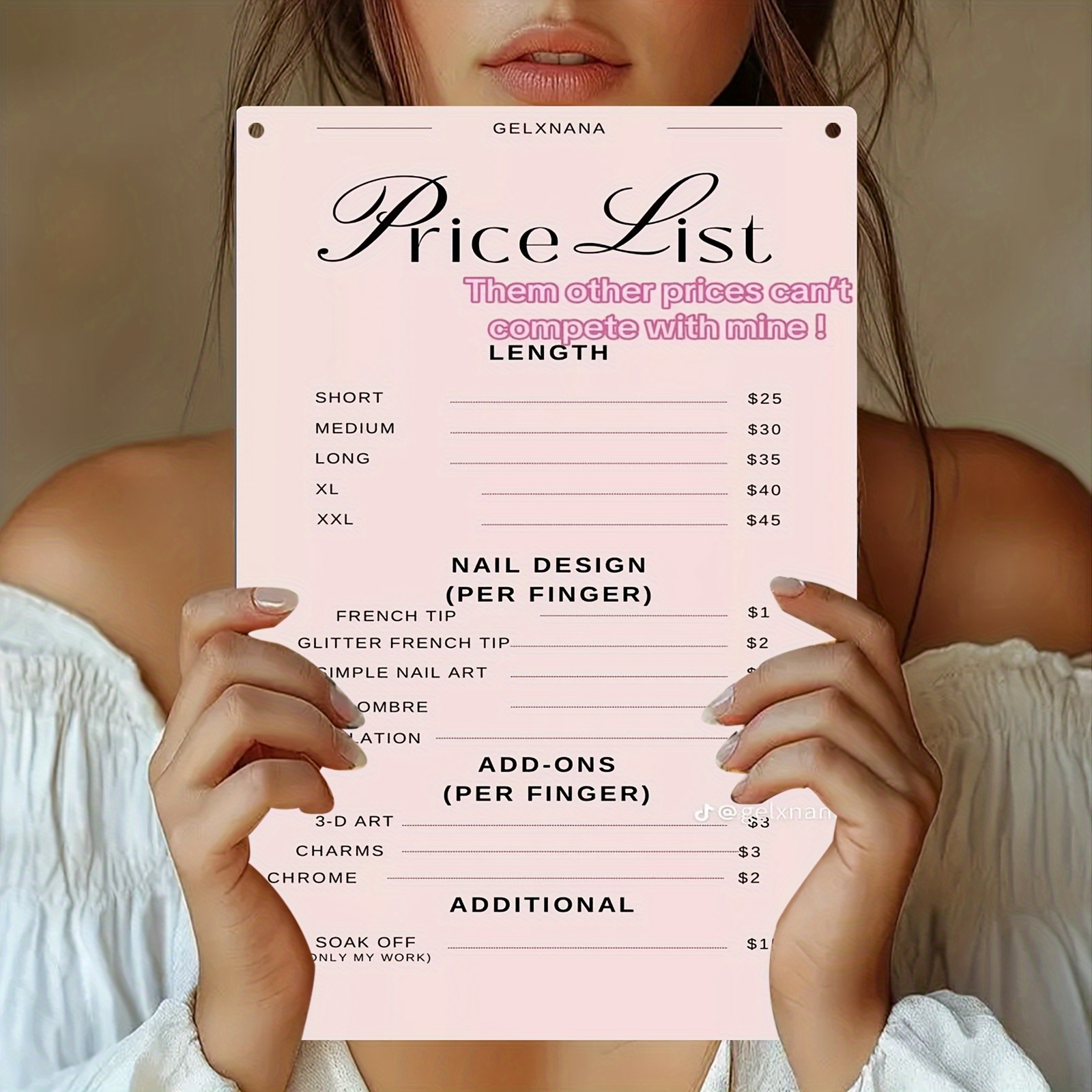 2d flat 1pc vintage nail salon price list sign metallic nail