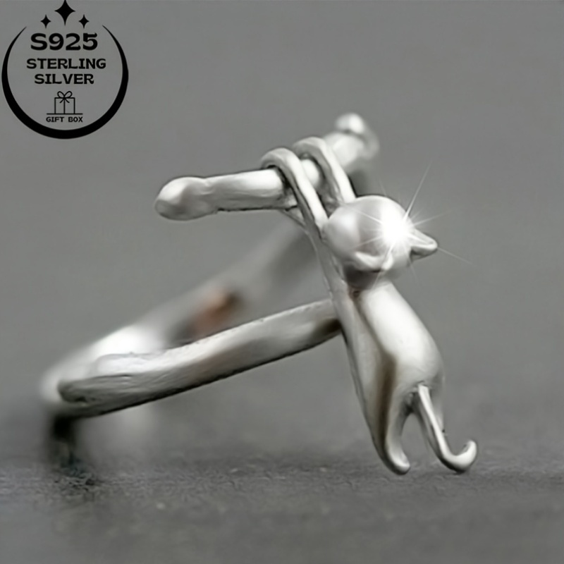 925 Silver Cat Ring Lazy Cat Climbing High Meaning Gift