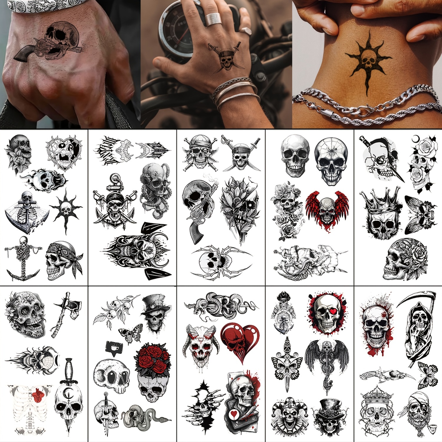10 temporary tattoo stickers with a skull theme punk pirate wings rose black and white     easy to apply waterproof and long lasting 3 7 days suitable for wrists hands neck     punk parties