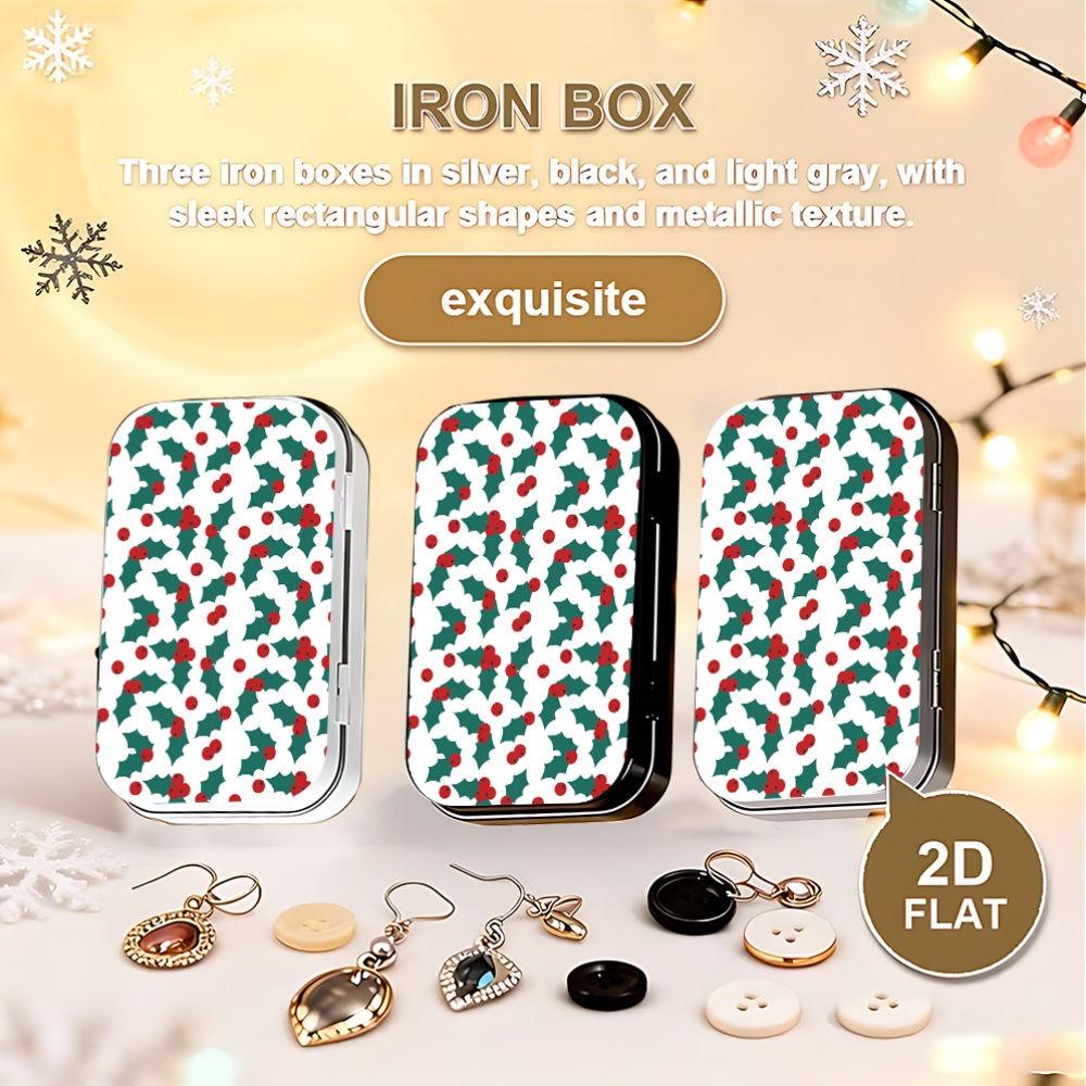 Metal Hinged Tin Box with Festive Holly Print, Mini Storage Case