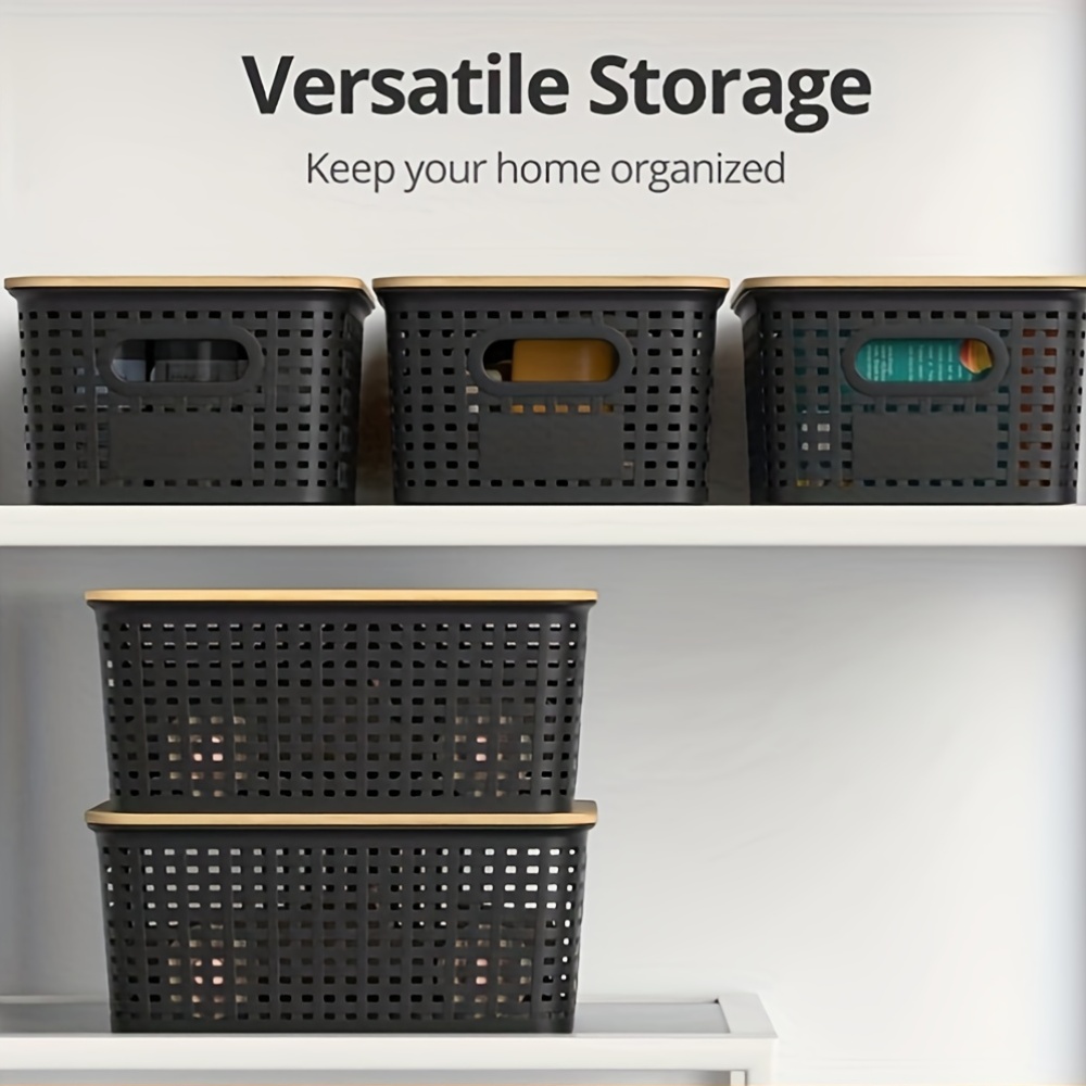5pcs Lidless Stackable Black Plastic Storage Baskets