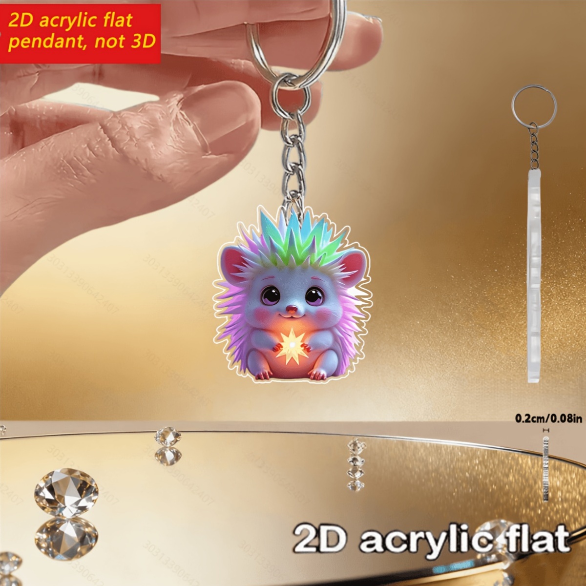 2D Flat Cute Hedgehog Keychain, Glow-In-The-Dark Feature