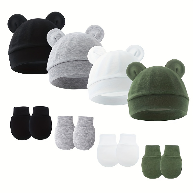 12pcs/4sets Solid Color Hats And Gloves Set, Suitable For Newborns