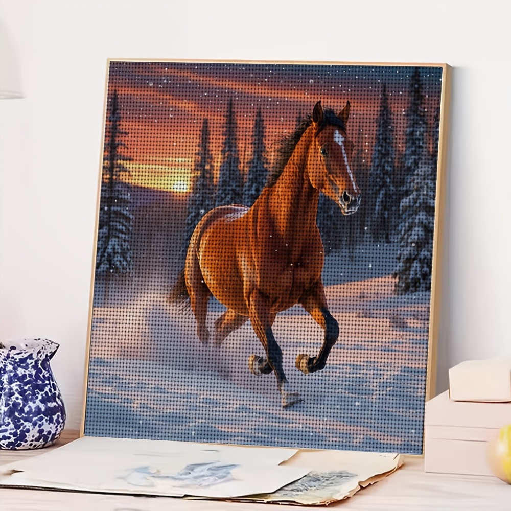 Stitch Print Set, Frameless Galloping Horses in Snowy Sunset Pattern