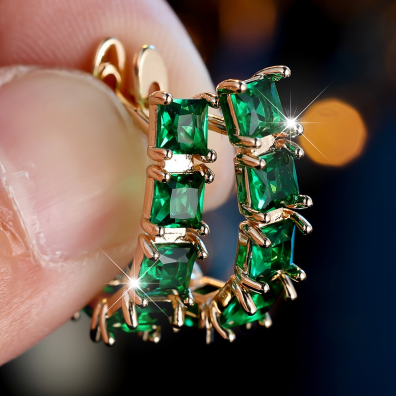 Green Zirconia U Earrings Golden Plated Wedding Accessory