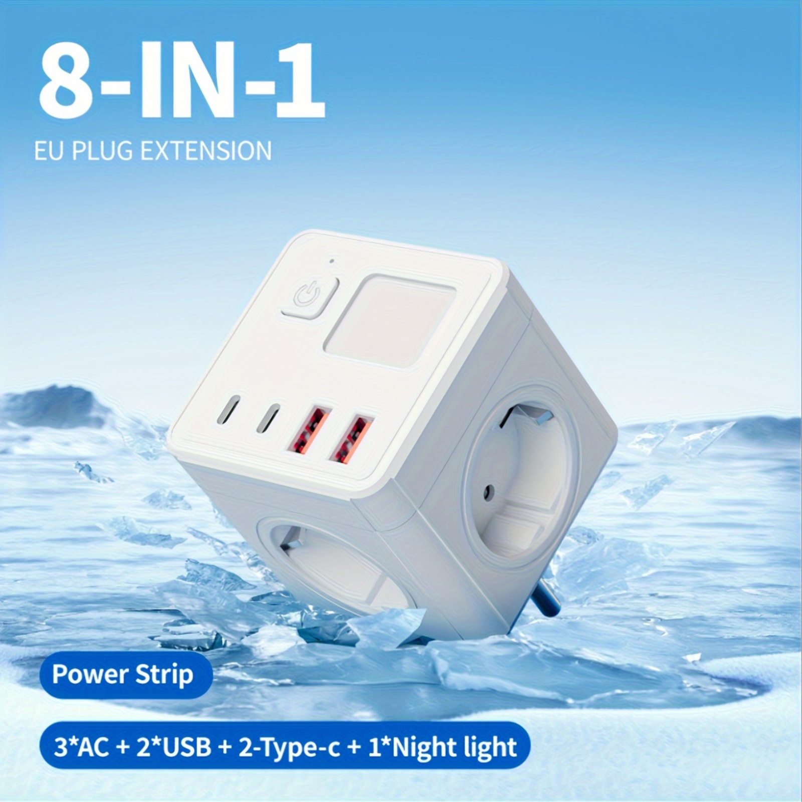 regleta de enchufes 8 en 1 eu, 1  ,     de ca, 2 puertos usb y 2 puertos tipo c, con luz nocturna de  , luz nocturna ajustable de  ,   ajustable, ideal para el hogar,  , viajes, computadora,   y negro