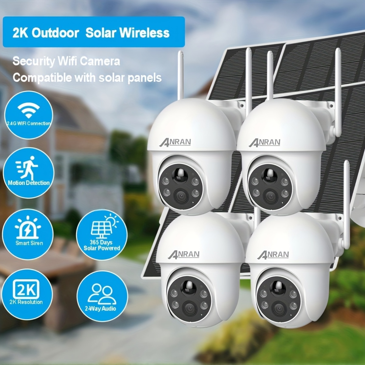 4pcs ANRAN Caméra Extérieure Sans Fil 1440p avec Panneau Solaire, Rotation PTZ 355°, Détection Humaine PIR, Fonctionne sur Batterie, Compatible Alexa, Étanche, Vision Nocturne Couleur