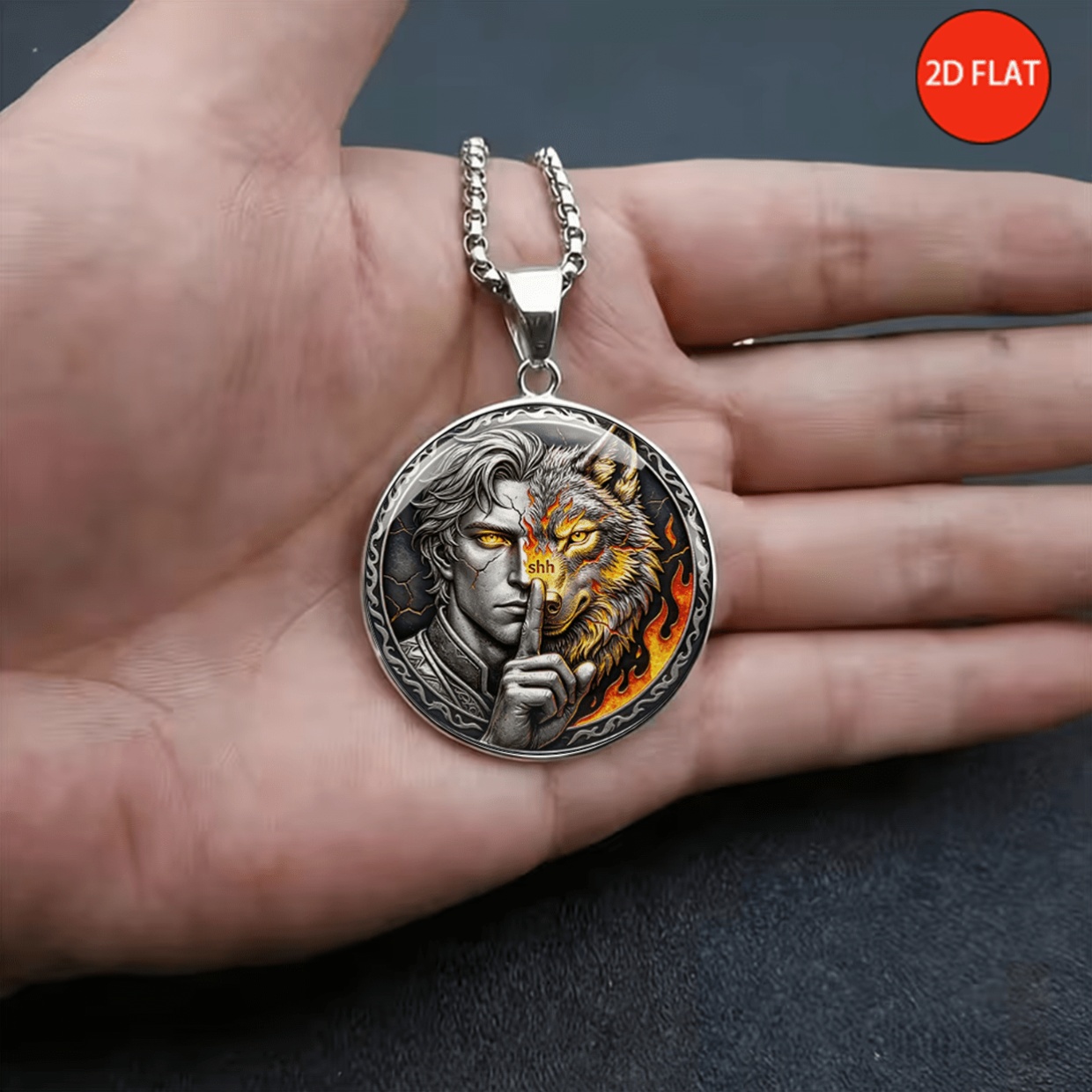 Human-Faced Wolf Head Print Stainless Steel Necklace