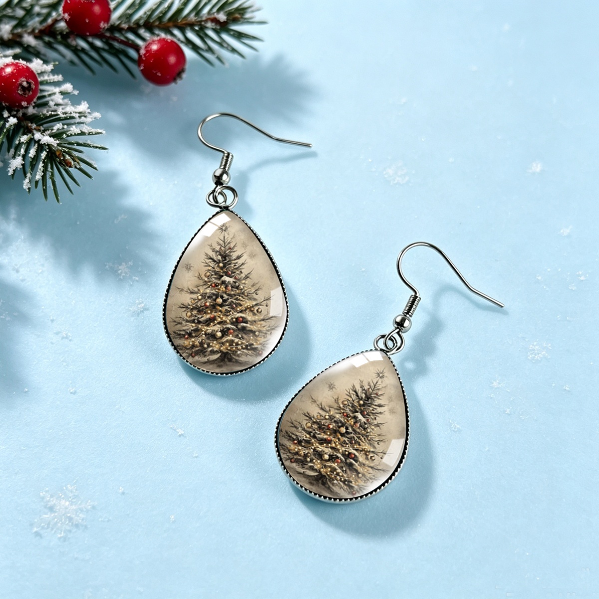 Vintage Distressed Christmas Tree Pattern Drop Earrings