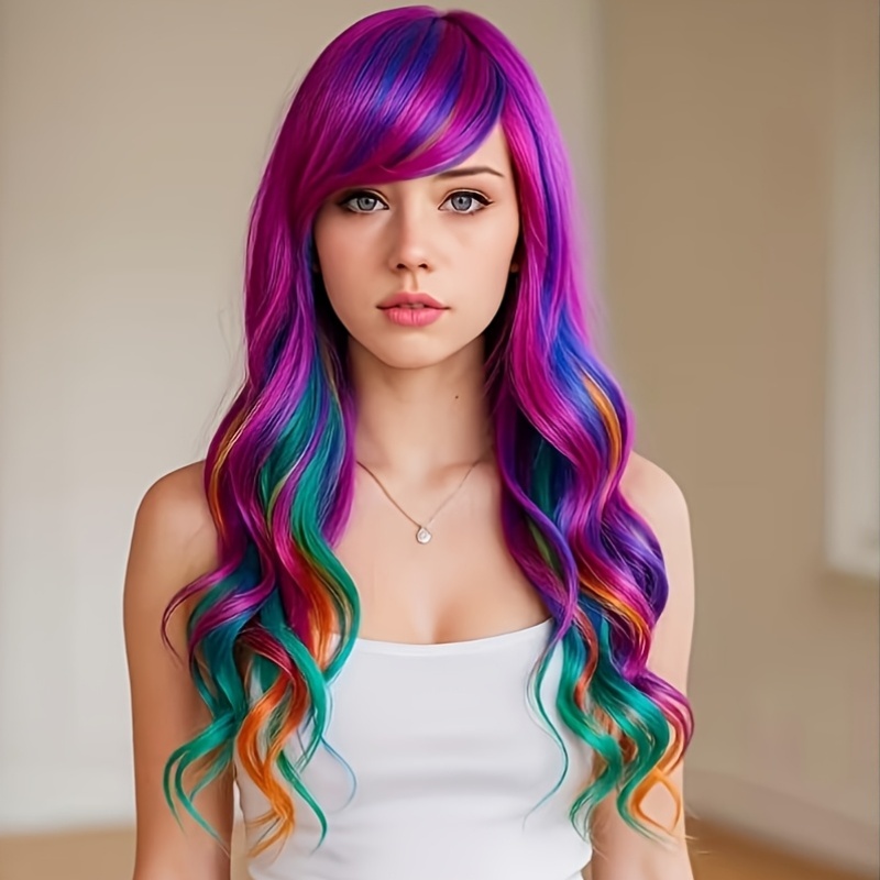 E-shop Modische, bunte 28-Zoll Perücke, Damenperücke mit Pony und lockigem Haar, Hochtemperatur-Fasermaterial, Knopfnetz, geeignet für tägliche